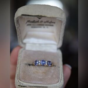 Three-Stone Blue Sapphire and Diamond Gold Ring 14k